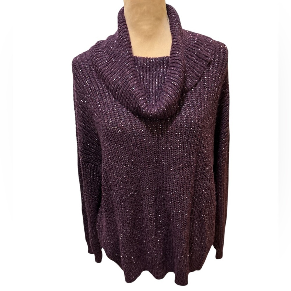 a.n.a Women's Pullover Cowl Neck Sweater Purple with Metallic Threads Sz Medium